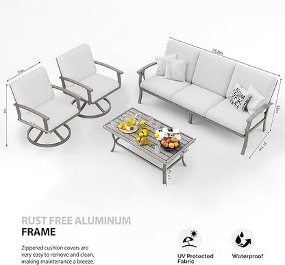 HAPPATIO 4 Piece Aluminum Patio Furniture Set, 5-Person Outdoor Swivel Chairs and 3-Seat Sofa, All-Weather Outdoor Sectional Sofa with Comfortable Cushions and Coffee Table(Gray)