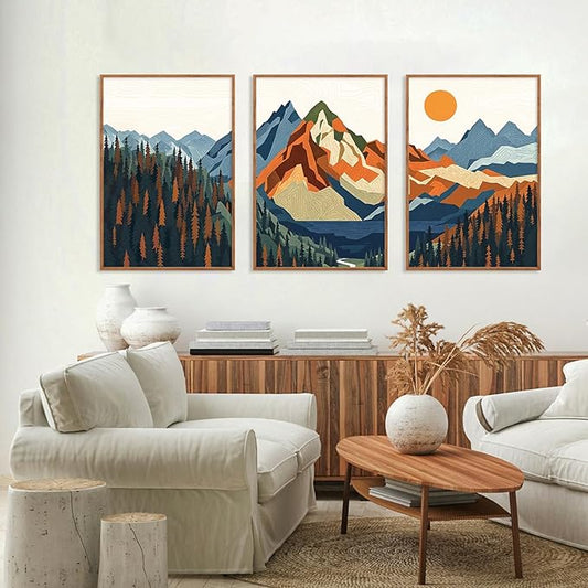 FWIEXA Vintage Mountain Framed Canvas Wall Art Set, Boho Sunrise Wall Prints, Abstract Nature Forest Artwork, Retro Lake Sunset Painting, 3 Panel 24x36 Inches Modern Rustic Decor for Living Room, Bedroom, Office
