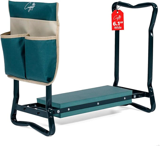 Garden Seat and Kneeler - Upgraded Widened EVA Cushion Seat (6.1” Wider), Thick & Wide Garden Stool, Foldable with Pouch, Gloves & Tool Bag – Gardening Gifts for Parents & Seniors