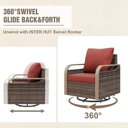 Modern Wicker Patio Furniture Set, Rattan Outdoor Conversation Set with Comfortable Cushions, 2 Swivel Rocking Chairs, 2 Seat Loveseat and 2 Ottomans, 5 Pieces, Brown/Red