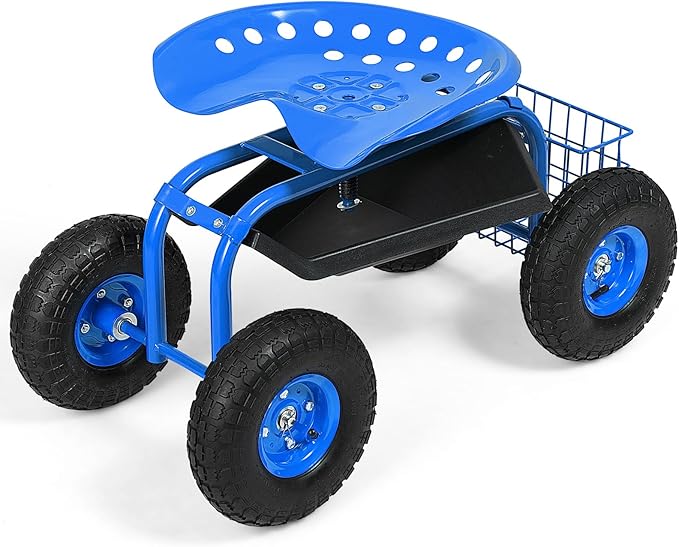 Goplus Garden Seat with Wheels, Rolling Garden Cart with Adjustable 360° Swivel Seat, Tool Tray, Basket for Lawn, Yard, Patio, Heavy Duty Gardening Stool, Outdoor Wagon Scooter for Seniors