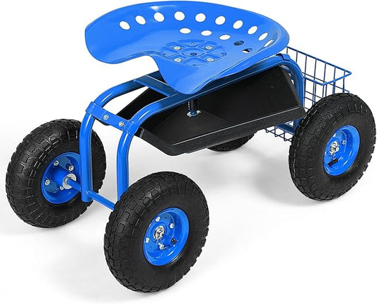 Goplus Garden Seat with Wheels, Rolling Garden Cart with Adjustable 360° Swivel Seat, Tool Tray, Basket for Lawn, Yard, Patio, Heavy Duty Gardening Stool, Outdoor Wagon Scooter for Seniors
