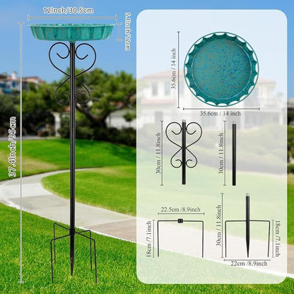 Metal Bird Bath for Outside,Cyan Bird Baths & Feeder with Hummingbird Pattern Metal Disc 5-Pronged Base Stakes for Outdoors,Birdbath for Garden,Patio,Lawn Decor