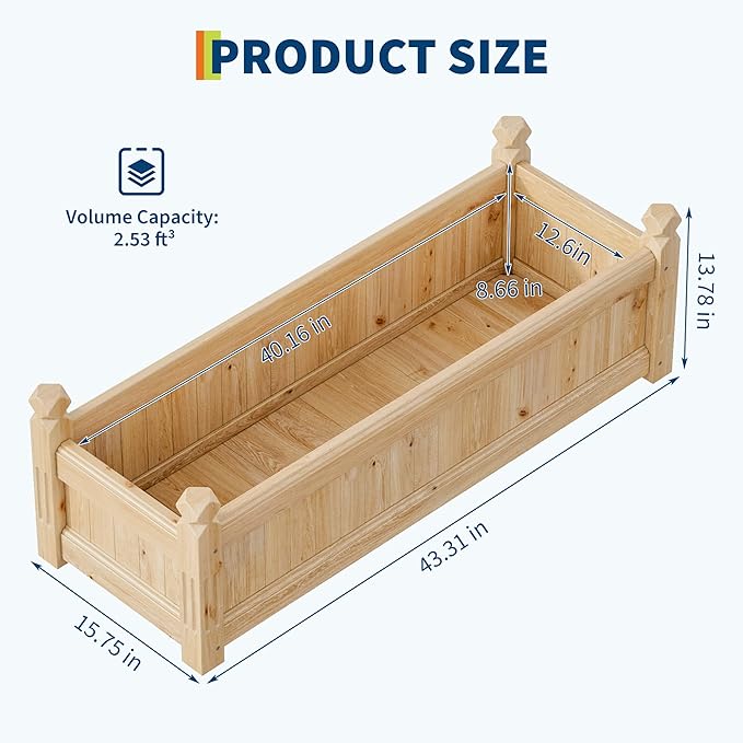 Large Wooden Raised Garden Bed 43.5" l x 16" w x 14" h, Outdoor Rectangular Planter Box for Vegetables, Flowers, Herbs, Yard, Patio, Backyard & Greenhouse, Elevated Horticulture Wood Garden Planter