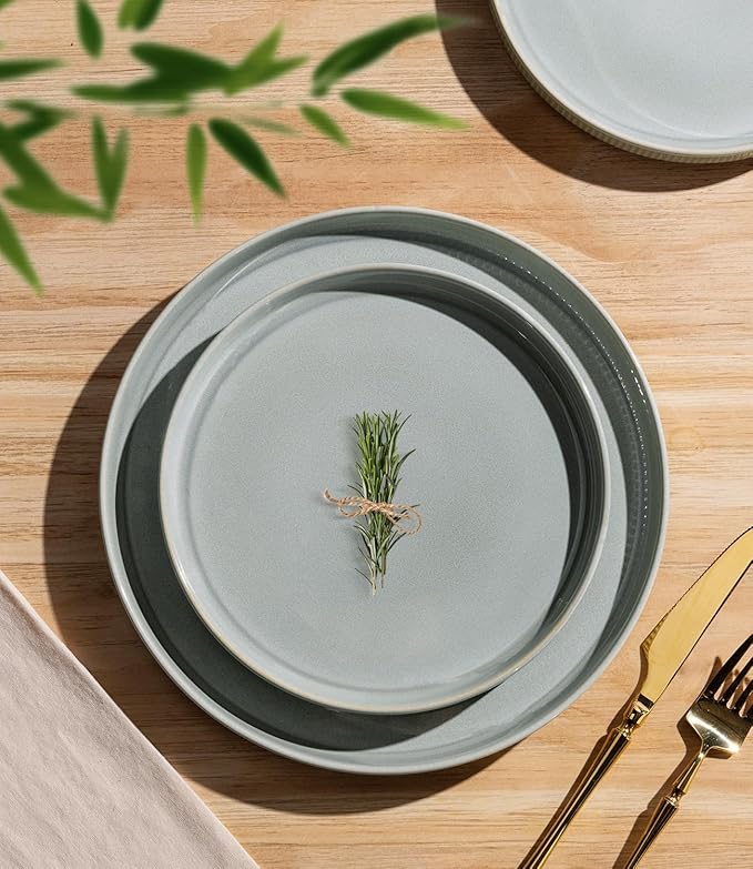 TheTerra Ceramic Dinnerware Set for 4, 12-Piece Plates and Bowls Set | Lightweight Porcelain Dish Set, Scratch Resistant, Oven & Microwave & Dishwasher Safe, Desert Sage