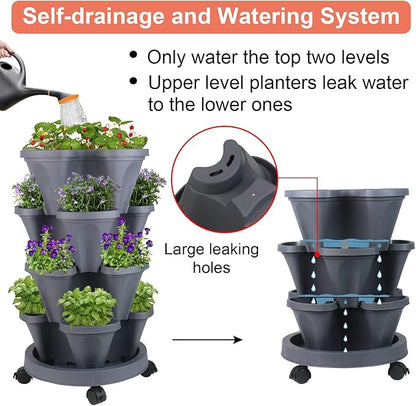 GameXcel Vertical Planter Tower- 4 Tier Stackable Garden Planter with Wheels and Tool Set – Grow Strawberries Herbs Flowers and Vegetables - Indoor Outdoor Use Dark Gray