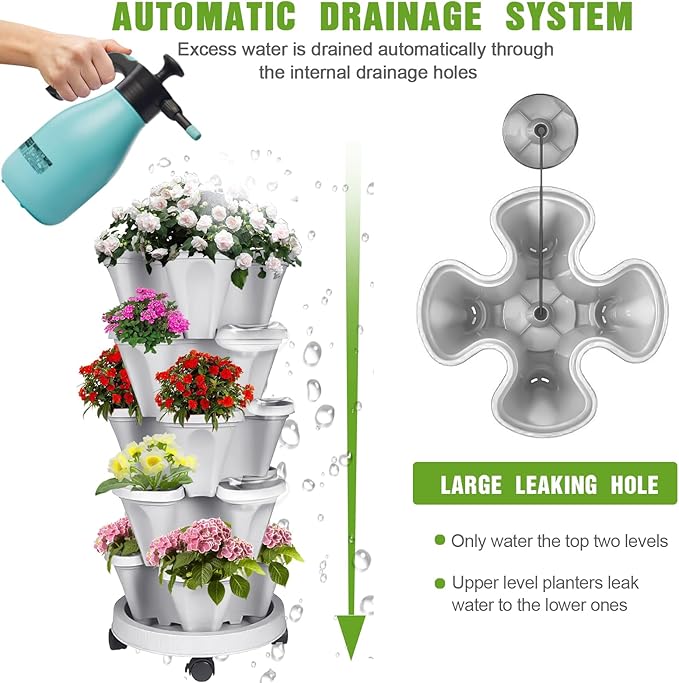 Vertical Strawberry Planter 7 Tier Stackable Tower Herb Planters-Stacking Garden Outdoor Grey Planter Pot with Tools Mover for Succulents, Vegetables and Flowers