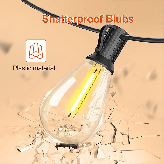 BLIATLUS 50FT Solar String Lights Outdoor Waterproof with Remote Control Solar Patio Lights 15+2 shatterproof LED Bulbs for Porch Garden Market Bistro Patio Backyard Fence