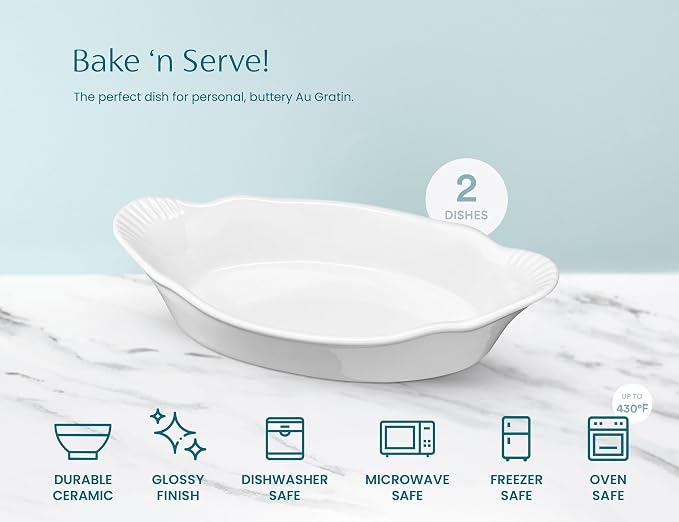 Au Gratin Baking Dishes, Ceramic, by Kook, for Casseroles, Lasagna & Cobblers, Individual Serving, Set of 2, Oven, Microwave & Dishwasher Safe Bakeware, 18 oz, Ivory