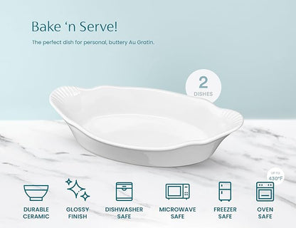 Au Gratin Baking Dishes, Ceramic, by Kook, for Casseroles, Lasagna & Cobblers, Individual Serving, Set of 2, Oven, Microwave & Dishwasher Safe Bakeware, 18 oz, Ivory