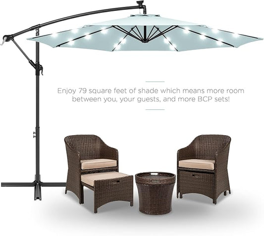 Best Choice Products 10ft Solar LED Offset Hanging Market Patio Umbrella for Backyard, Poolside, Lawn and Garden w/Easy Tilt Adjustment, Polyester Shade, 8 Ribs - Baby Blue