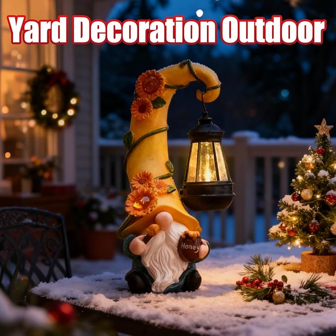 for Mom Grandma Woman 12" Solar Sunflower Gnome Garden Statues Honey Bee Jar Decor with LED Lantern Outdoor Birthday Gnomes Decorations Patio Yard Balcony Art