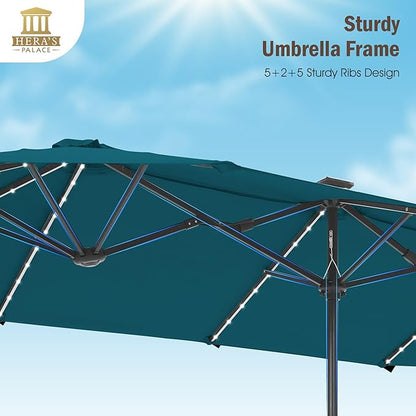 HERA'S PALACE 13ft Patio Umbrella with 120 LED Solar Lights Double Sided Outdoor Umbrella for Patio 8 Colors Changing Table Umbrella Outdoor Patio for Garden Pool