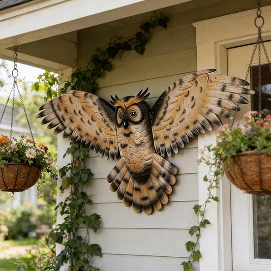 JJALIGHTS 37" Large Metal Owl Wall Art Outdoor Indoor Decor - Flying Owl Wall Hangings for Garden Patio Home Bedroom Office Decoration
