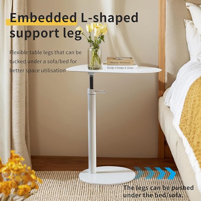 C Shaped End Table,Tray Metal Sofa Side Table, Accent Coffee Table, Waterproof and Anti-Rust Outdoor&Indoor Snack(Model A Adjustable, White)