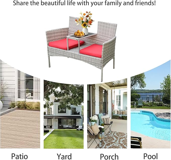 Outdoor Wicker Loveseat with Built-in Coffee Table, Patio Rattan Chair Conversation Set with Soft Cushions & Free Dust Cover for Lawn, Garden, Backyard (Grey Wicker & Red Cushions)