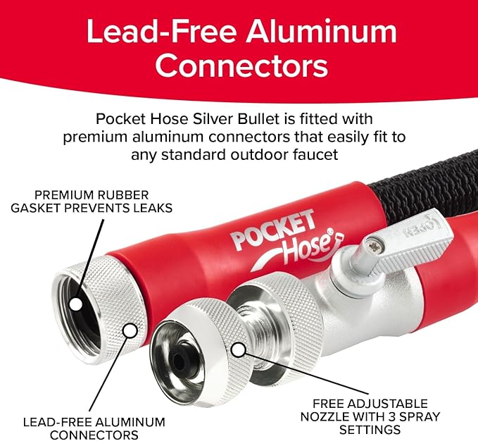 Pocket Hose 100 FT Silver Bullet 2.0 Expandable Garden Hose w/Turbo Shot Nozzle, AS SEEN ON TV, Lead-Free, Solid Aluminum Connectors, Easy On/Off Valve, Kink-Free, Leak-Proof