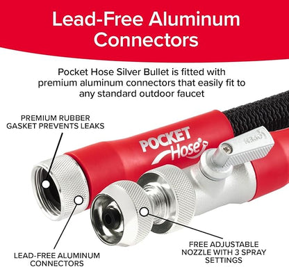 Pocket Hose 100 FT Silver Bullet 2.0 Expandable Garden Hose w/Turbo Shot Nozzle, AS SEEN ON TV, Lead-Free, Solid Aluminum Connectors, Easy On/Off Valve, Kink-Free, Leak-Proof