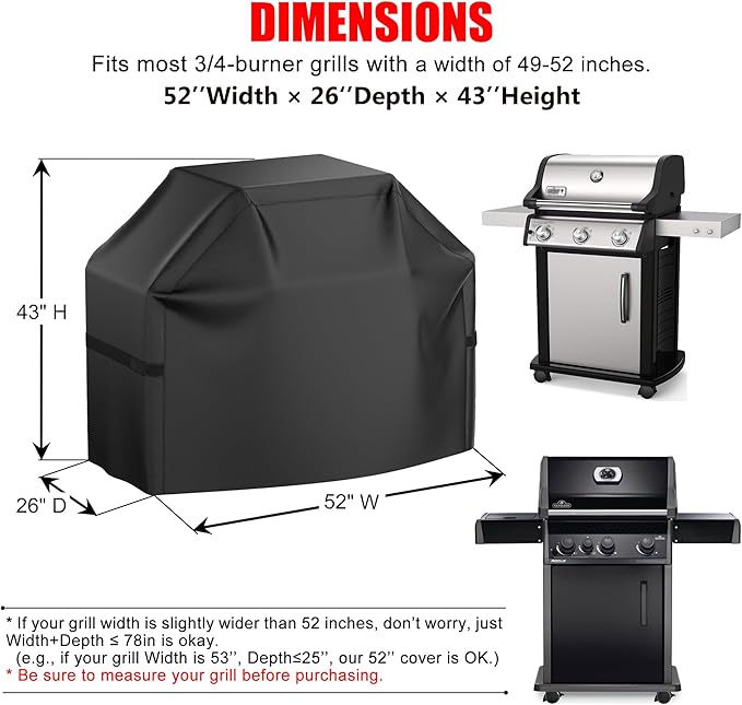 Grill Cover, 52 inch Heavy Duty BBQ Gas Grill Cover for Outdoor Grill, Waterproof, Weather Resistant, Anti-UV, Rip-Proof, Fade Resistant Barbecue Cover with Hook-and-Loop Straps for Most Grills
