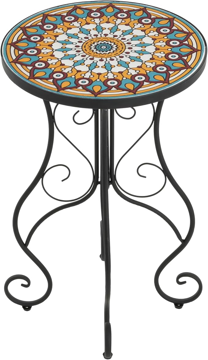 Merax Patio Side Table for Small Space, 22.45" Height Metal Outdoor Indoor Round Side Table, French Country Style, Floral Design Small End Table for Yard Porch Balcony Garden, Brown+Black