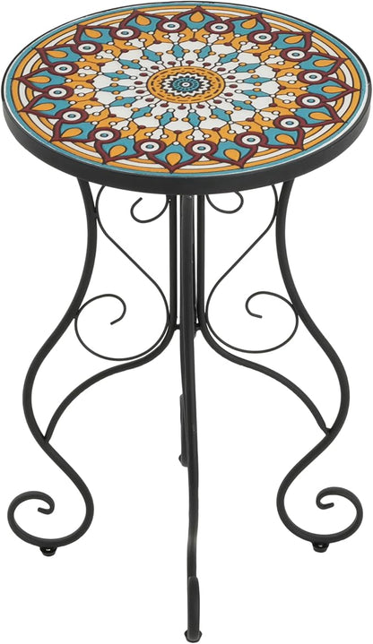 Merax Patio Side Table for Small Space, 22.45" Height Metal Outdoor Indoor Round Side Table, French Country Style, Floral Design Small End Table for Yard Porch Balcony Garden, Brown+Black