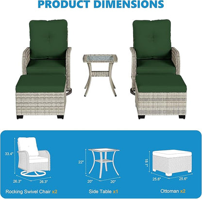 5-Piece Small Patio Furniture Set, Outdoor Swivel Rocking Chairs Set with Ottomans, Patio Bistro Set for Balcony, Deck, Porch, Dark Green