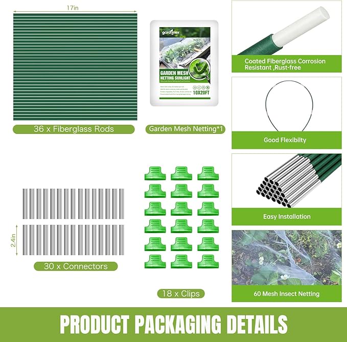 Garden Netting Kit with 36Pcs Garden Hoops, 10x20FT Ultra-Fine Mesh | Insect Barrier for Vegetables, Fruits & Flowers | Raised Bed & Row Cover Protection