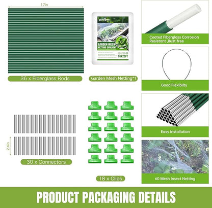 Garden Netting Kit with 36Pcs Garden Hoops, 10x20FT Ultra-Fine Mesh | Insect Barrier for Vegetables, Fruits & Flowers | Raised Bed & Row Cover Protection