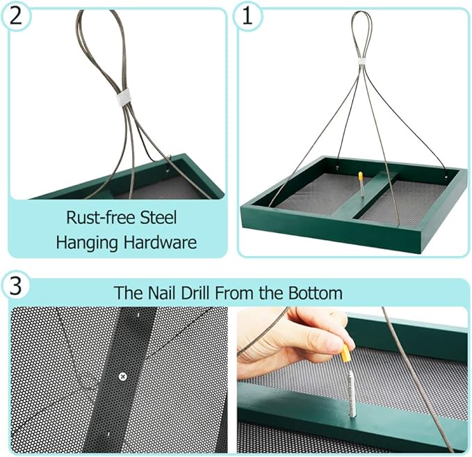Solution4Patio Platform Bird Feeder for Outdoors Hanging, Open-Air Wild Bird & Squirrel Feeder, 360° Viewing Hanging Tray with Rust-Resistant Mesh & Quick-Fill Design