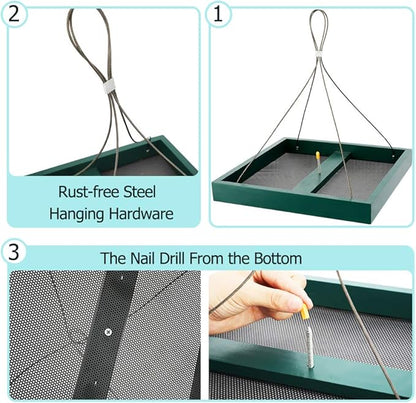 Solution4Patio Platform Bird Feeder for Outdoors Hanging, Open-Air Wild Bird & Squirrel Feeder, 360° Viewing Hanging Tray with Rust-Resistant Mesh & Quick-Fill Design