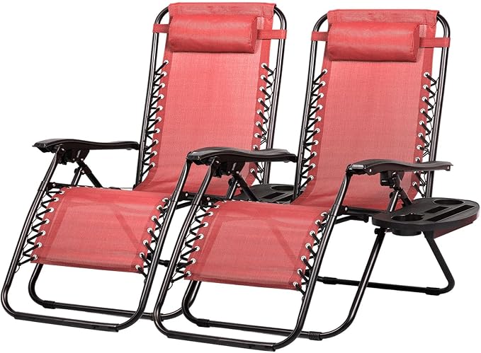 Nazhura Set of 2 Relaxing Recliners Patio Chairs Adjustable Steel Mesh Zero Gravity Lounge Chair Beach Chairs with Pillow and Cup Holder Khaki (Pink)