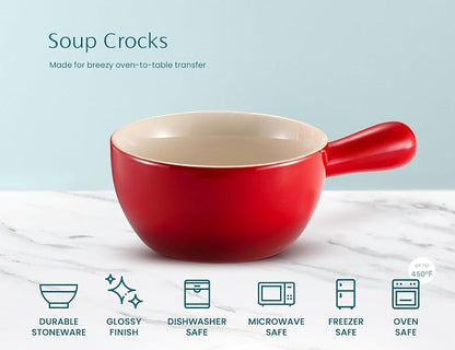 Kook French Onion Soup Crocks, Stackable Ceramic Bowls with Handles, Oven, Microwave and Dishwasher Safe, for Cereal, Soups, Casseroles, with Handle, Stoneware, 24 oz, Set of 4, Crimson Ombre