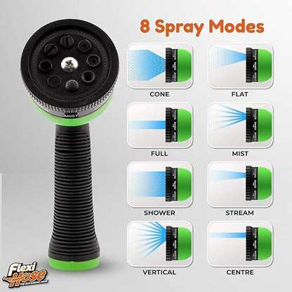 Flexi Hose with 8 Function Nozzle, 25FT - Lightweight Expandable Garden Hose, No-Kink Flexibility, 3/4 Inch Solid Brass Fittings and Double Latex Core - Black and Green