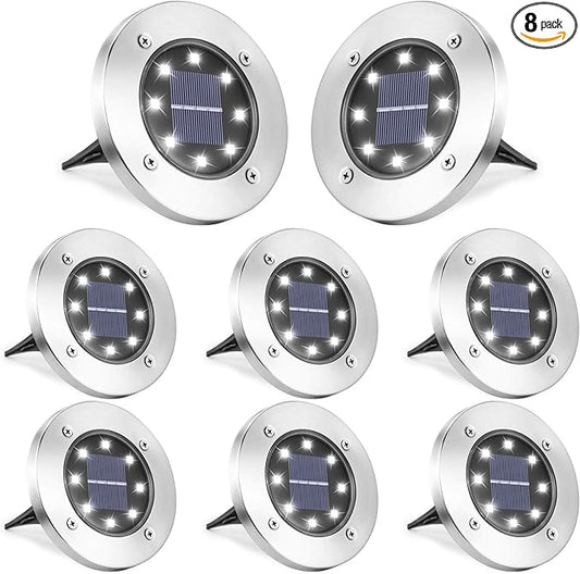 LYHOPE Solar Ground Lights Outdoor, 8 Pack 8 LED Solar Disk Lights Waterproof Garden In-ground Pathway Light Landscape Lighting for Lawn,Yard,Deck,Patio,Walkway (White)