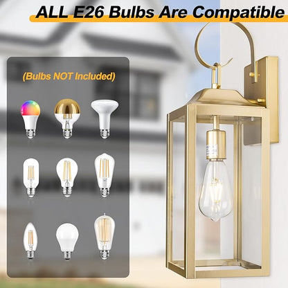 Large Outdoor Wall Lantern 19", Gold Outside Farmhouse Wall Sconce Light Fixture, Industrial Wall Mount Light with Glass, Waterproof Modern Porch Lighting Exterior Lamp for House Garage