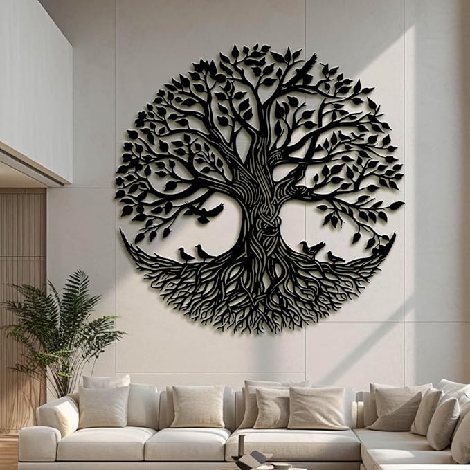 Flewfar Tree of Life Metal Wall Art, Metal Tree of Life Wall Decor, Family Tree Wall Art for Living Room, Indoor Outdoor Decoration, Large Tree of Life Metal Wall Art (Black, 39" x 39" / 100 x 100cm)
