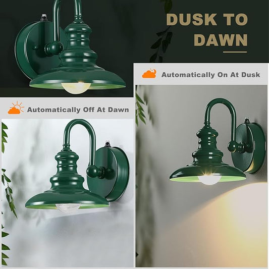 LONEDRUID Dusk to Dawn Sensor Outdoor Gooseneck Barn Light Fixtures Green Exterior Wall Sconce Lighting Rustic Outside Porch Lantern Farmhouse Wall Mount Lamp for House Garage Patio