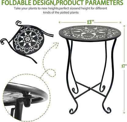 Arbuxzuy 2 Packs 17" Tall Round Metal Outdoor Side Tables for Patio, Decorative Black Flower Pot Stand, Rustproof Potted Holder, 120 lbs Load Capacity