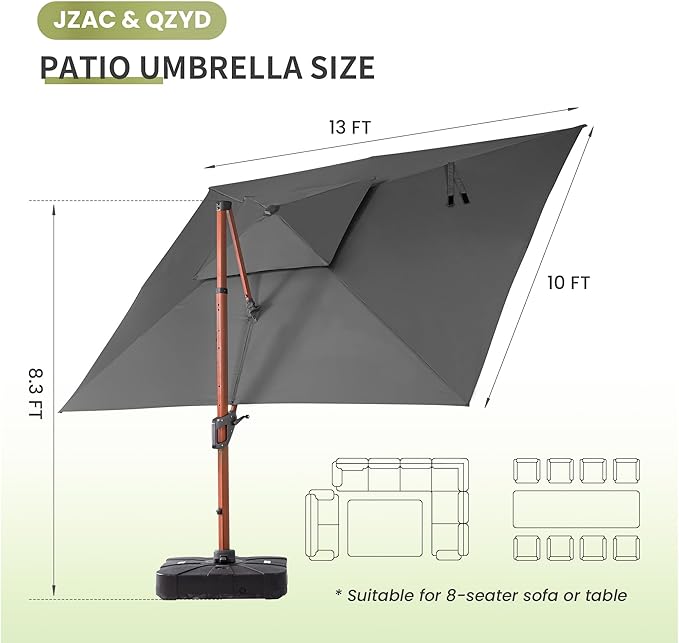 JZAC & QZYD 10 X 13 FT Patio Umbrella with Base, Outdoor Cantilever Offset Rectangle Heavy Duty Umbrellas with 360° Rotation Double Top and Deluxe Wood Grain for Pool Deck Backyard Garden, Gray