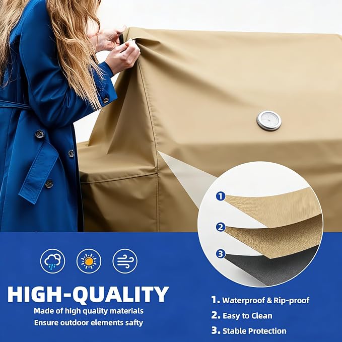 BBQ Gas Grill Cover for Outdoor, Anti-UV, Rip-Proof, 600D Oxford Fade Resistant Material, Barbecue Cover with Hook and Loop Straps & Adjustable Hem Drawstring (Beige, 52”x26”x43”)