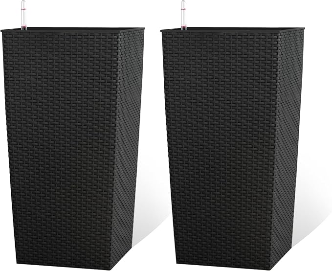 23in Tall Planter Set of 2, Large Self Watering Pots for Indoor/Outdoor Plants with Drain Holes, Water Level Monitor, Inner Bucket for Front Porch Patio, Black Rattan