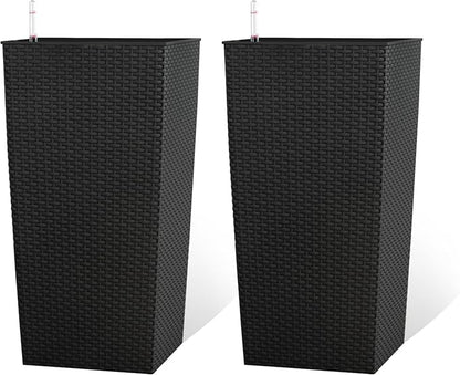 23in Tall Planter Set of 2, Large Self Watering Pots for Indoor/Outdoor Plants with Drain Holes, Water Level Monitor, Inner Bucket for Front Porch Patio, Black Rattan