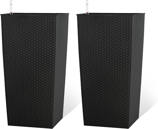 23in Tall Planter Set of 2, Large Self Watering Pots for Indoor/Outdoor Plants with Drain Holes, Water Level Monitor, Inner Bucket for Front Porch Patio, Black Rattan