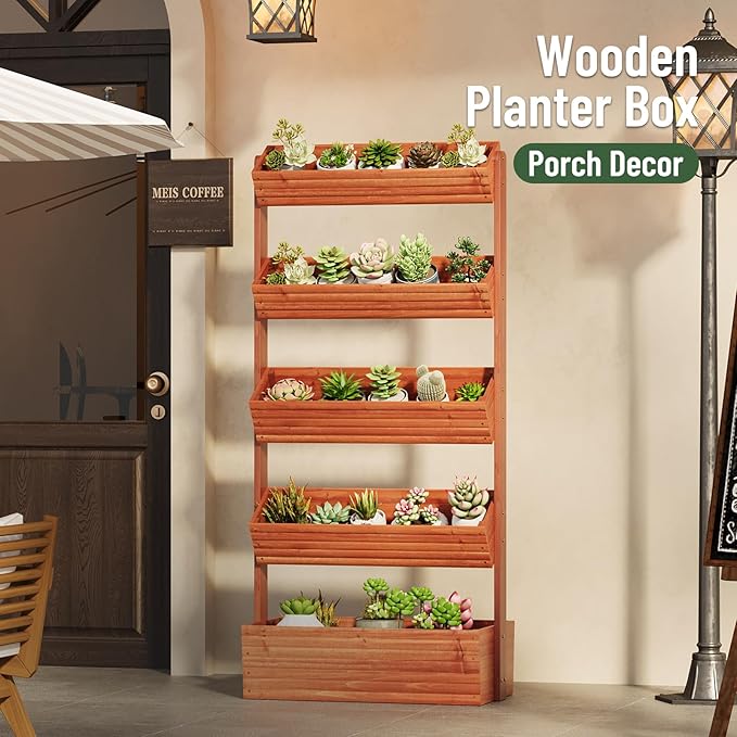Vertical Wooden Raised Garden Bed, Garden Planters Freestanding Wood Plant Stand Flower Rack Wooden Planter Box for Plants Herbs Flowers Vegetables Outdoor Indoor Gardening (5-Tier Brown)