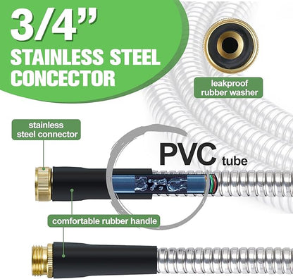 TVKB Metal Garden Hose 75ft Stainless Steel Water Hose Super Tough Flexible Water Pipe with 3/4 inch Brass Fittings and Sprayer Nozzle, Kink & Tangle Free, Rust Proof
