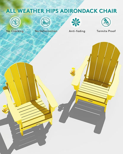SERWALL Folding Adirondack Chair Outdoor Adirondack Chairs with Cup Holder, Weather Resistant Fire Pit Chairs for Patio - Yellow