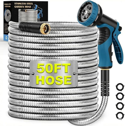 Garden Hose 50FT, Water Hose with 10 Function Nozzle, Garden Hose Metal with Leak-proof Connectors, No-Kink, Lightweight, Puncture-proof, Pet-proof, Sturdy, Hose for Outdoor, Yard