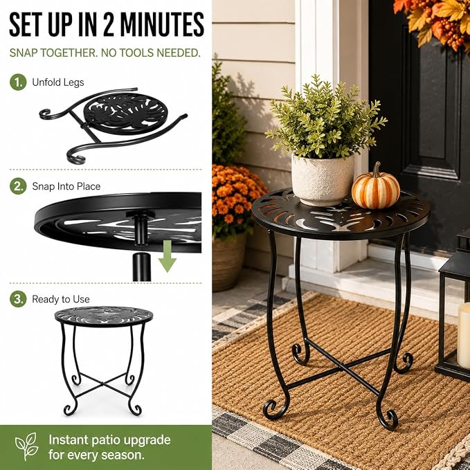 Outdoor Side Tables 2 Pack, 15" Height Tool-Free Metal Patio End Table with Monstera Pattern, Compact Space Saving Plant Stand for Balcony Porch Deck, Weather Resistant, Black