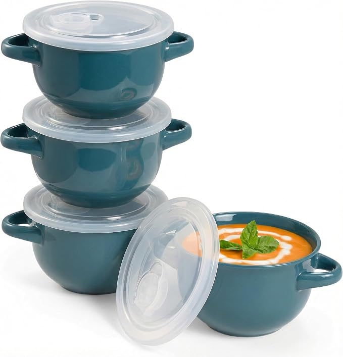 KooK French Onion Soup Bowls, Crocks, Oven Safe Bowls, Soup Mugs, Ceramic Bowls, Dishwasher, Microwave, Set of 4, 18 oz (Teal)