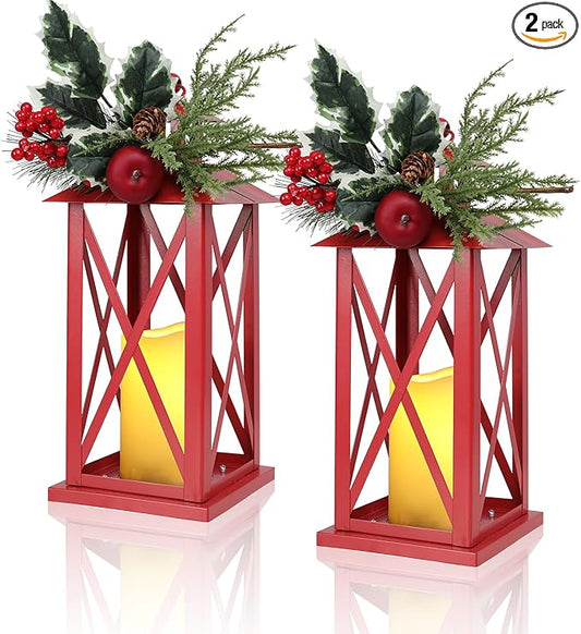 Christmas Decorative Lanterns 2 Pack Outdoor Lantern 13.5" Waterproof Battery Powered LED Hanging Lanterns with Flamessless Candle for Front Porch, Entrance, Indoor, 2 Pack